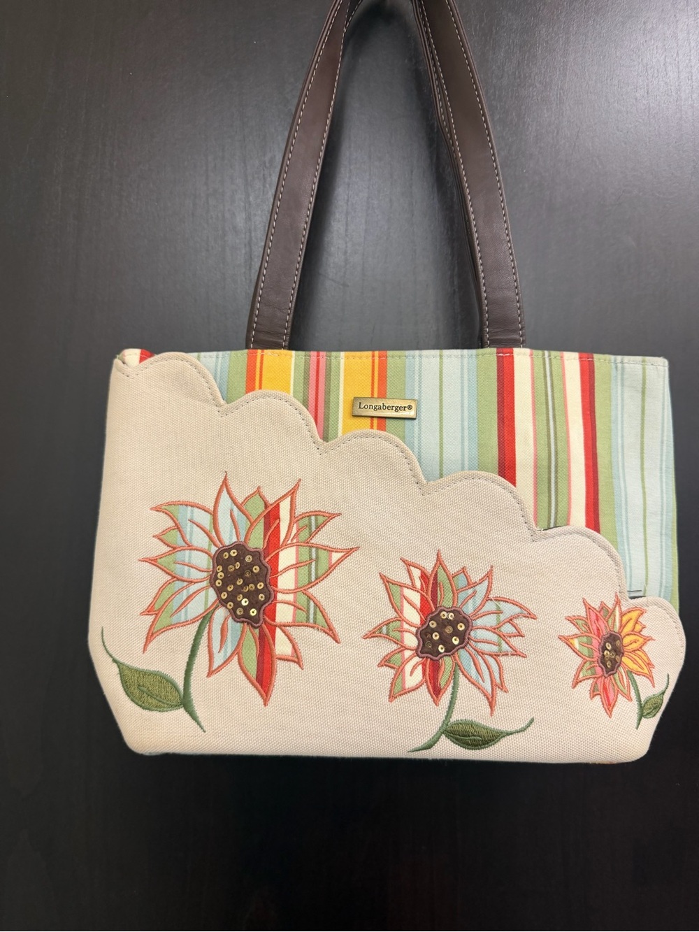 Longaberger Cream Canvas Floral Appliqué Tote with Multicolor Stripes Sunflower - Picture 2 of 12